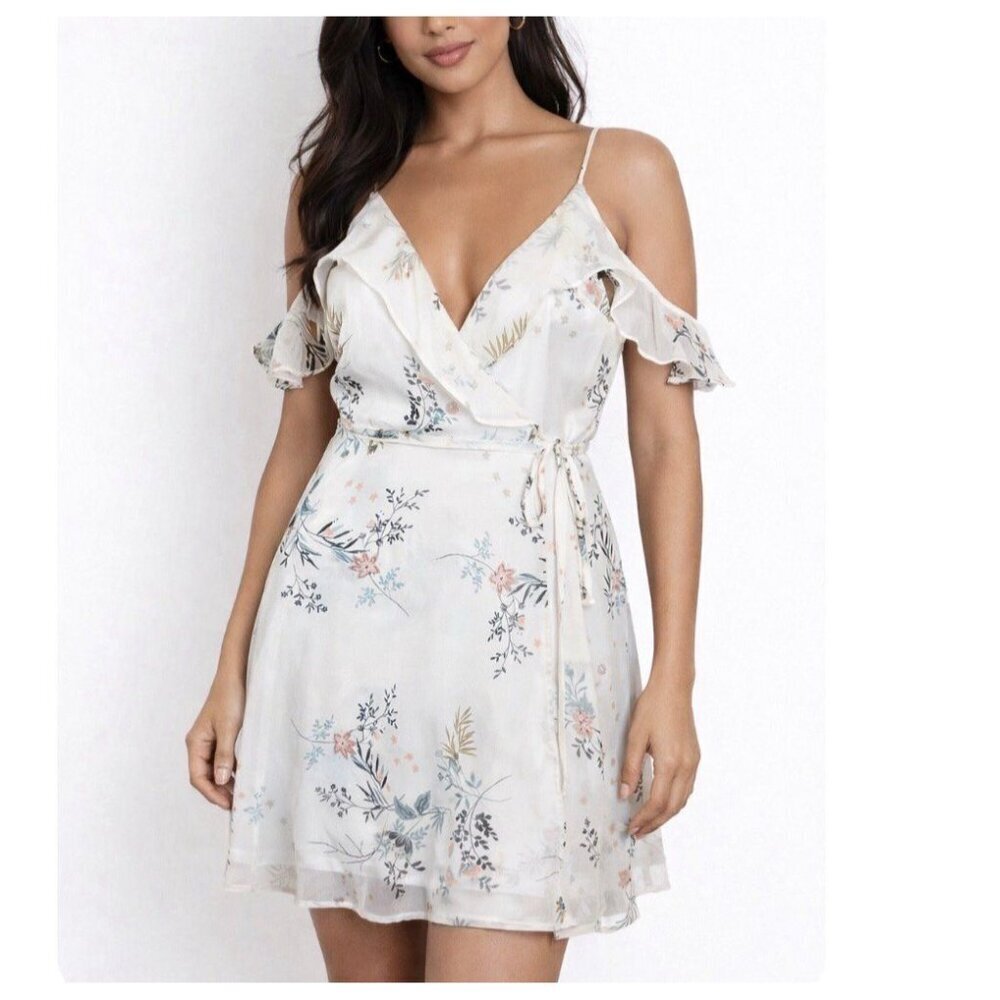 Lush dress ruffle off the shoulder white floral true wrap SZ M short lightweight